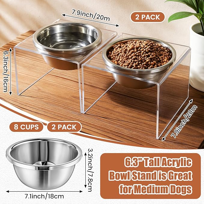 Ziliny 2 Set Acrylic Elevated Dog Bowls Stand 6.3" Tall Pet Acrylic Feeder Come with 2 Removable Stainless Steel Bowls for Large Dogs, Raised Durable Dog Bowl Pet Feeding Station