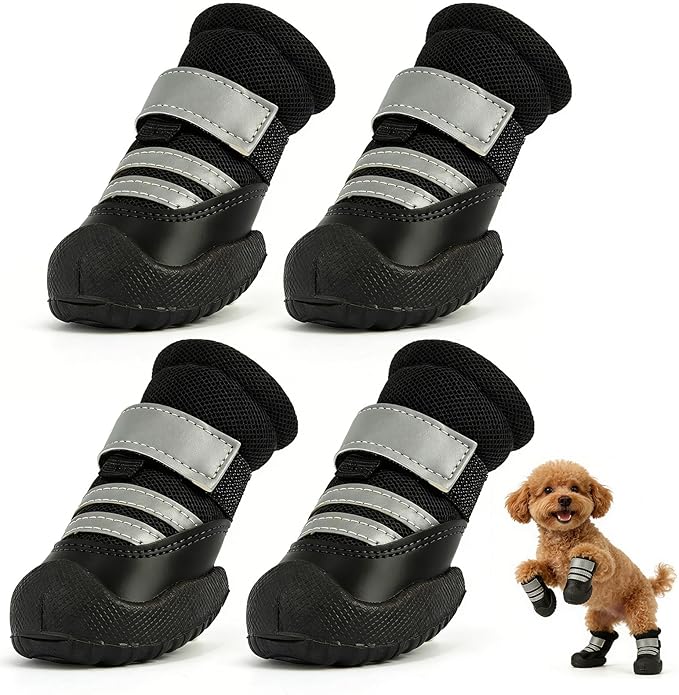 Dog Boots, Waterproof Dog Shoes with Reflective Straps, Rugged Anti-Slip Sole Paw Protectors for Medium Large Dogs, Breathable Pet Booties for Hot Pavement, Snow, Hiking, 4Pcs