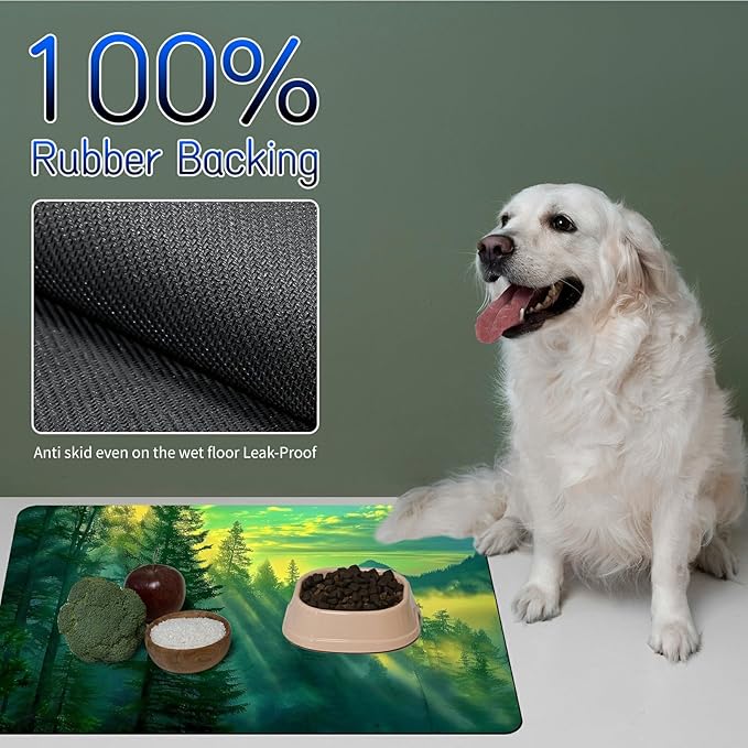 Dog Food Mat, 15.7" x 23.6" Absorbent Pet Feeding Mat for Food and Water, Waterproof Diatom Mud Pet Placemat with Non-Slip Rubber Backing, Easy Clean Cat Bowl Mat for Floors - Green Forest
