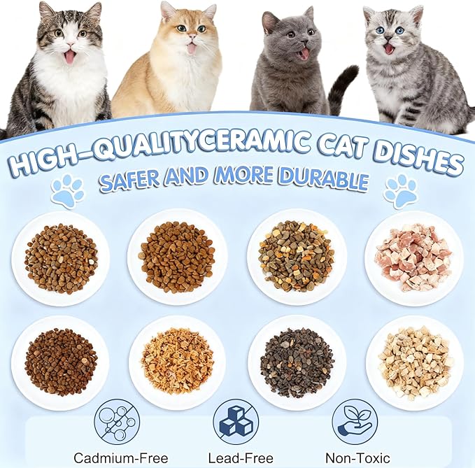 3 Pack Cat Food Bowl Ceramic Cat Bowls for Indoor Cats Plates Anti Whisker Fatigue Bowl Set，5.9 inch Wide Shallow Ceramic Cats Dishes for Food and Water (Cat's Paw+Fishbone)