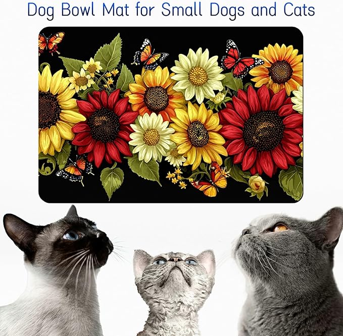 Dog Food Mat, 15.7" x 23.6" Absorbent Pet Feeding Mat for Food and Water, Waterproof Diatom Mud Pet Placemat with Non-Slip Rubber Backing, Easy Clean Cat Bowl Mat for Floors - Sunflower Red