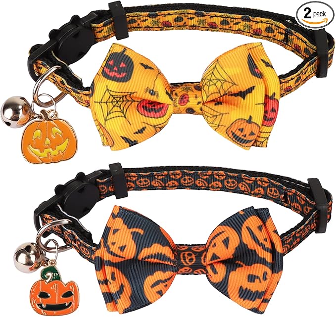 ADOGGYGO Halloween Cat Collars with Bow Bell, Black Orange Pumpkin Bowtie, Breakaway Halloween Collars for Cats Kittens