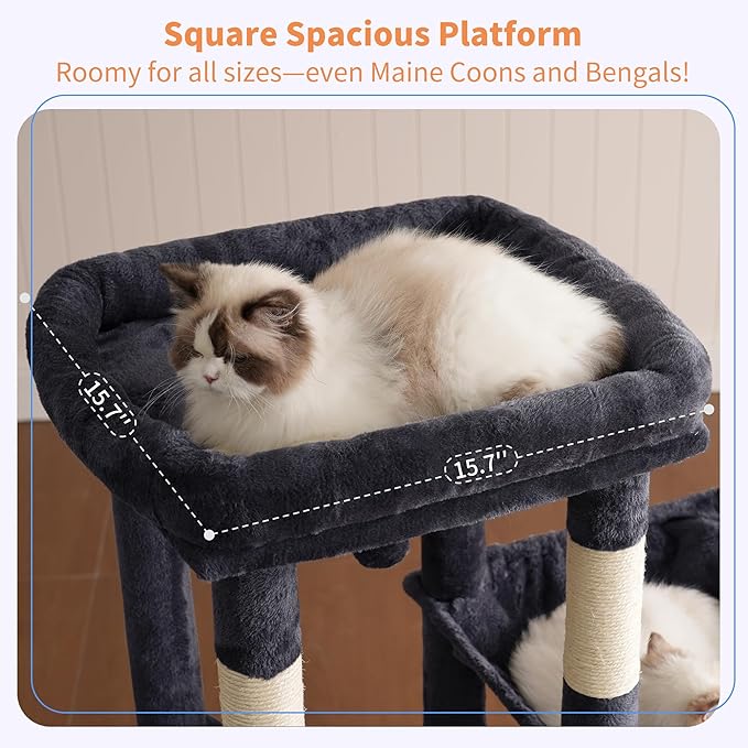Heybly Heavy Duty Cat Tree, Tower for Indoor Cats large adult, Tall Cat Condo House with Extra-Large Baseboard, Multi-Level Plush Furniture with Scratching Posts, Hammock,Toy Balls, Smoky Gray HCT026G