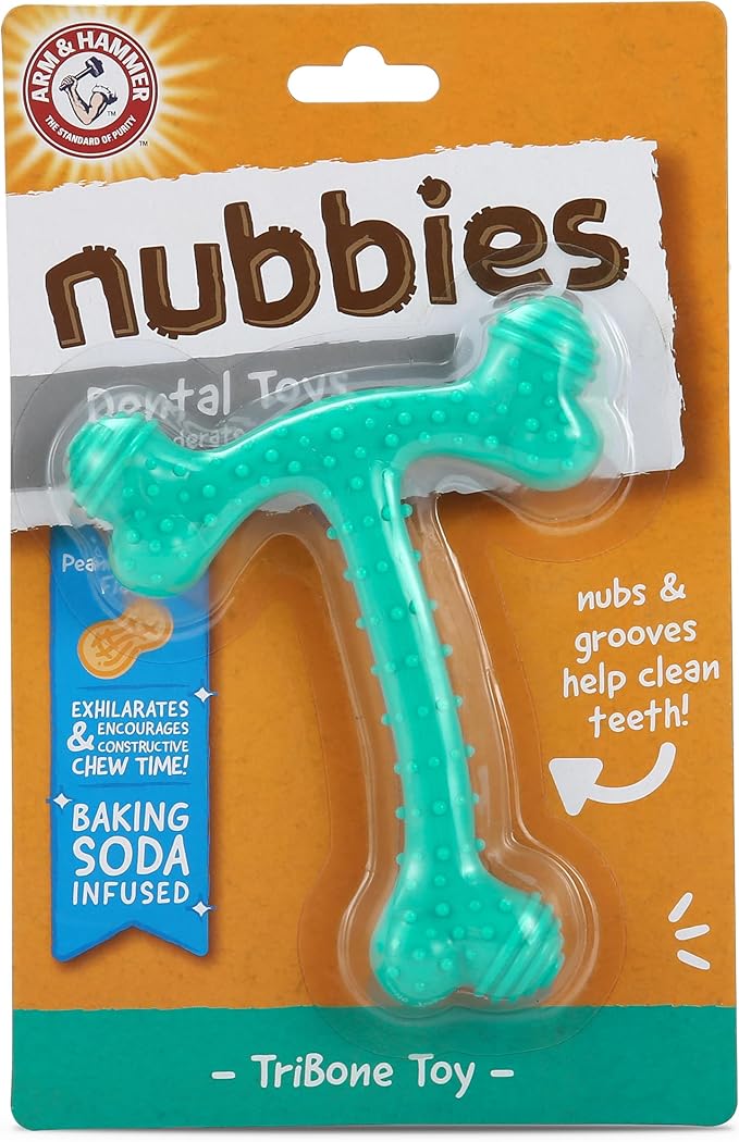 Arm and Hammer Nubbies T-Bone Dental Dog Chew Toy with Peanut Butter Flavor, TPR Nubs Clean Teeth and Gums, Durable Nylon Chew for Aggressive Chewers, Helps Reduce Plaque and Tartar