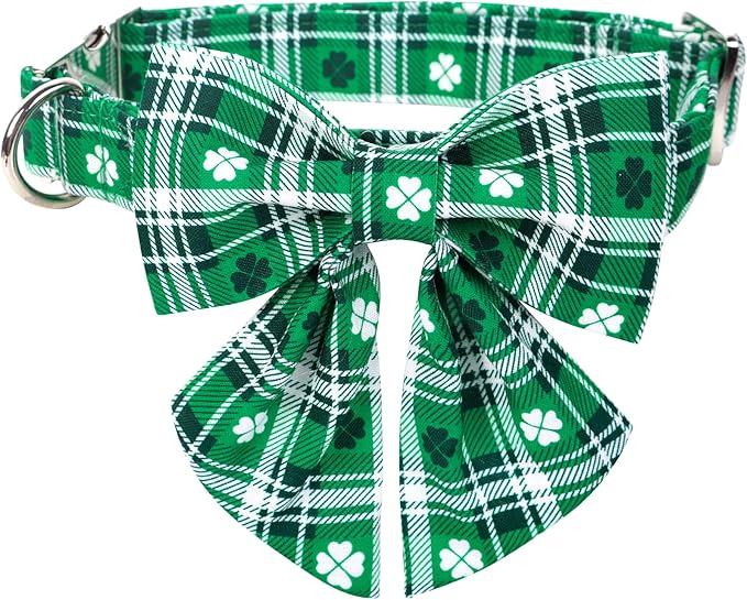 Lionet Paws St Patricks Day Dog Collar with Bowtie, Irish Green Shamrock Clover Sailor Bow Collar with Metal Buckle for Dogs, Adjustable Cute Dog Collar Girl, L, Neck 16-24 in