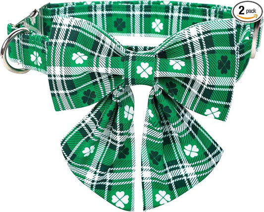 Lionet Paws St Patricks Day Dog Collar with Bowtie, Irish Green Shamrock Clover Sailor Bow Collar with Metal Buckle for Dogs, Adjustable Comfortable Dog Collar Girl, XL, Neck 16-26 in