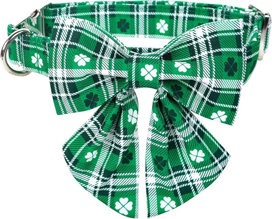Lionet Paws St Patricks Day Dog Collar with Bowtie, Irish Green Shamrock Clover Sailor Bow Collar with Metal Buckle for Dogs, Adjustable Cute Dog Collar Girl, XS, Neck 8-12 in