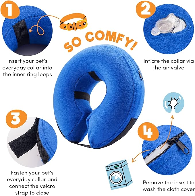 BENCMATE Inflatable Dog Cone Collar Alternative, Soft Dog Cone for Small Medium Large Dogs and Cats, Neck Recovery ECollar Donut Collar After Surgery (Medium, Blue)