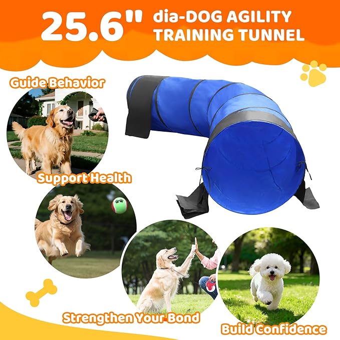 25.6in 10FT Dog Agility Tunnel, Dog Tunnel for Large Dogs with 2 Sand Bags, 4 Ground Stakes and Tote Bag, Dog Tunnel for Large Dogs