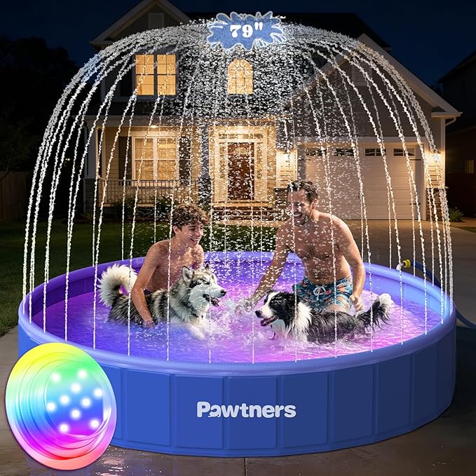 Pawtners 79" Foldable Dog Pool with Sprinkler & RGB LED Light, Collapsible Hard Plastic Swimming Pool for Small Large Dogs Cats and Kids, Portable Pet Bathing Tub Wading Pool for Backyard Camping Blue