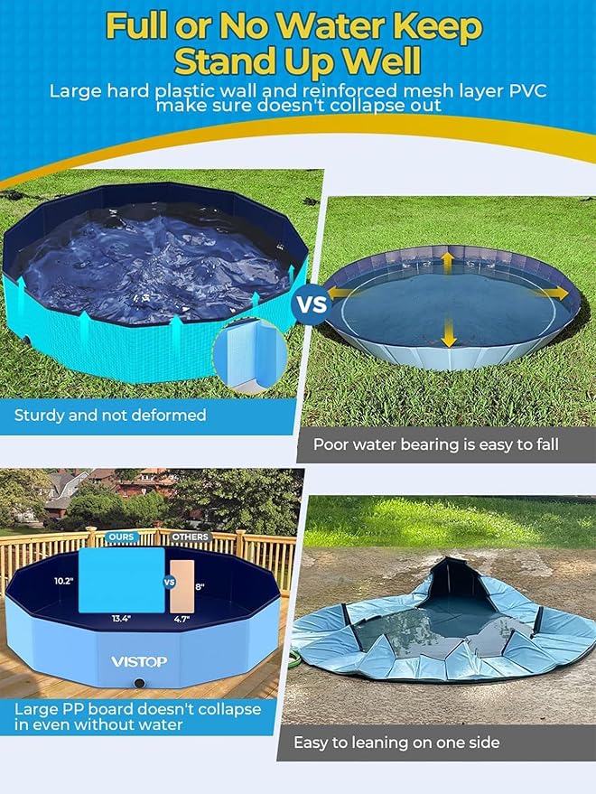 VISTOP Jumbo Foldable Dog Pool, Hard Plastic Shell Portable Swimming Pool for Dogs Cats and Kids Pet Puppy Bathing Tub Collapsible Kiddie Pool (117inch.D x 15.7inch.H, Blue)