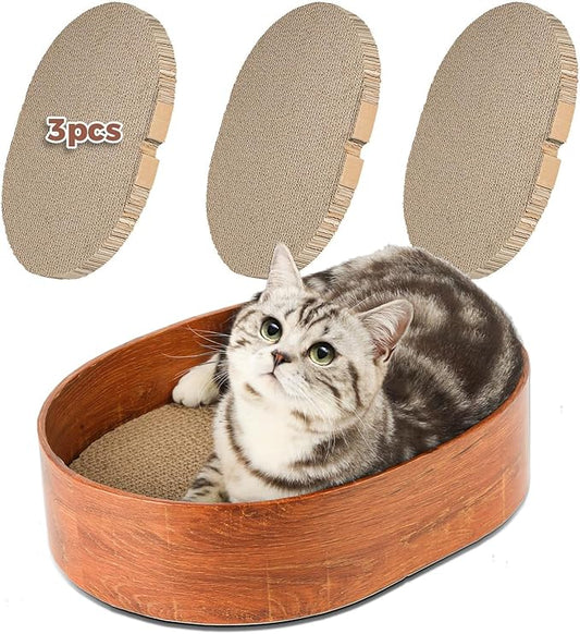 3 Pcs 16 Inch Cat Scratching Board with Box, 2 in 1 Cardboard Cat Scratchers Bed for Indoor Cats, Round Scratch Bowl with Thicker Double-Sided Pad for Cats' Scratch Need