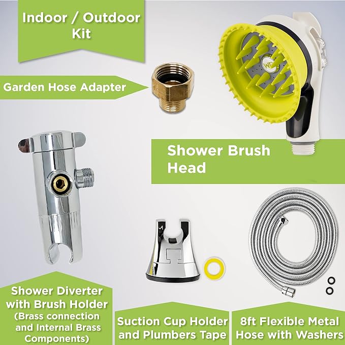 Wondurdog Indoor and Outdoor Dog Wash Kit for Shower and Garden Hose with Splash Shield and Rubber Scrubbing Attachment. Fast and Easy Dog Bathing and Cleaning. Pet Grooming for Long and Short Hair