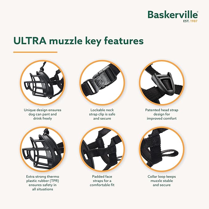 Baskerville ULTRA Muzzle - Patented Humane Design, Breathable, Dog can Pant and Drink, Adjustable, Padded, Dog Training Muzzle for Large Dogs, Prevents Biting, Wildlife Scavenging (Size 5, Black)