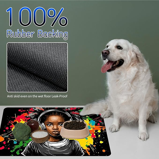 Dog Food Mat, 19.6" x 23.6" Absorbent Pet Feeding Mat for Food and Water, Waterproof Diatom Mud Pet Placemat with Non-Slip Rubber Backing, Cat Bowl Mat for Floors - Black Haired Girl