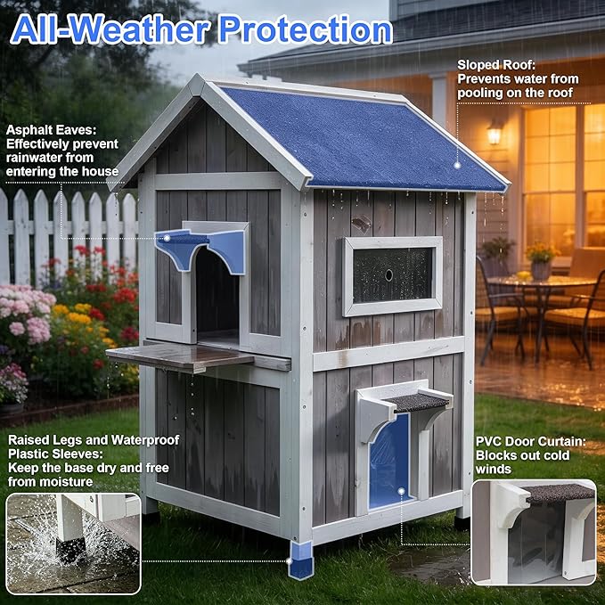 Rockever Outdoor Cat House, Large Outdoor Houses for Feral Cats Wooden Outside Cat Shelter Weatherproof with Escape Door