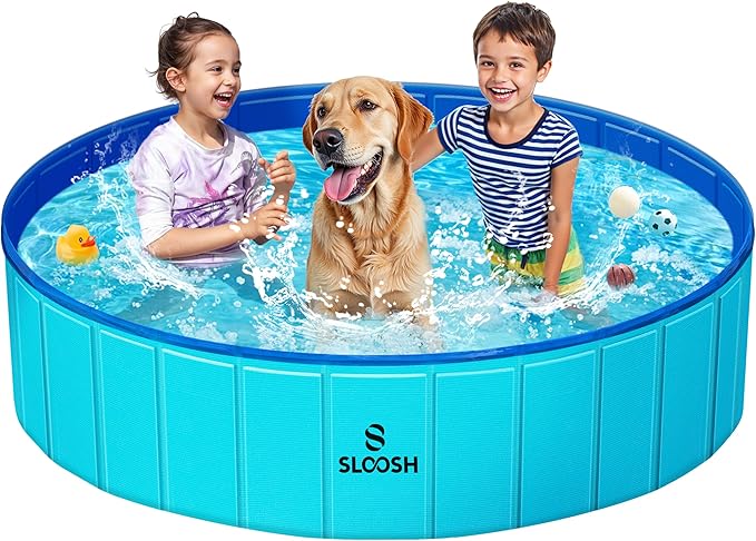 SLOOSH Foldable Dog Kiddie Pool - Portable Hard Plastic Doggie Swimming Pool, Anti-Slip Collapsible Pets Bath Tub Suitable for Kids Indoor Outdoor Backyard Use (Blue, 63" x 12")