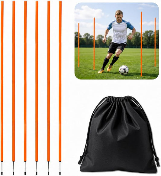6 Pcs Soccer Agility Poles for Training, 5 FT Adjustable Speed and Agility Training Equipment for Football/Basketball/Horse/Dog Practice, Soccer Sticks with Steel Ground Nails Outdoors