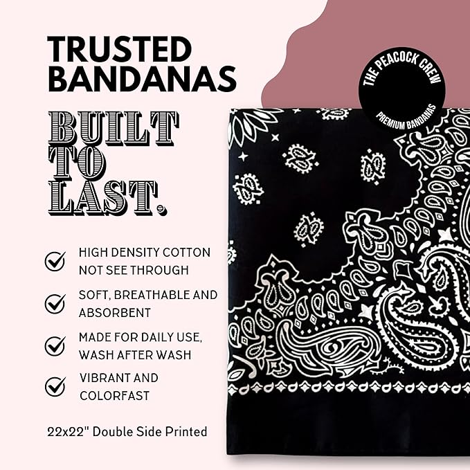 The Peacock Crew Premium Soft Cotton Bandanas Pack for Men and Women Paisley 22 x 22 inches