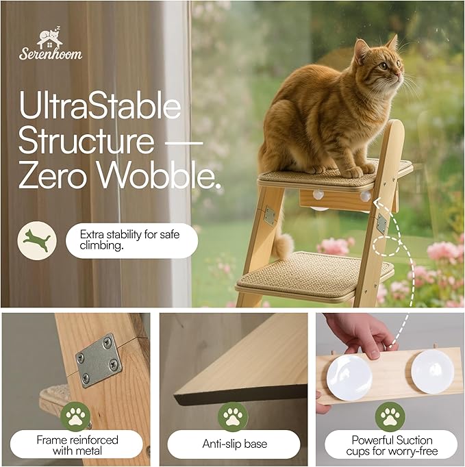 65" Tall 6-Level Cat Ladder for Window & wall | Fits Cats up to 20 lbs |Senior & Less Agile cat Stairs for Window with 55° Gentle Incline | Requires 43" Floor Clearance | No-Drill Glass Installation