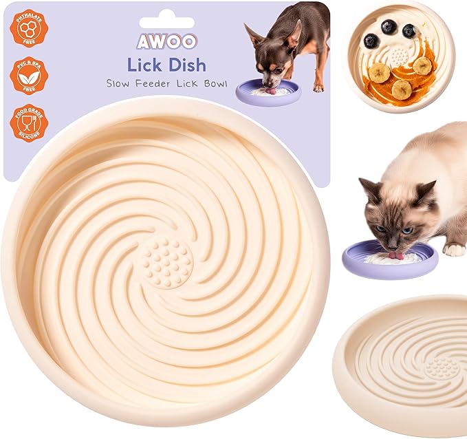 Awoo Lick Dish - Silicone Lick Mat + Slow Feeder for Cats & Small Dogs - Non-Slip Design with Suction Cups - Dishwasher Safe, Extends Mealtime, Reduces Anxiety (Almond)