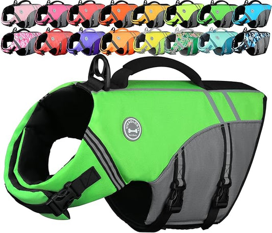 VIVAGLORY Sports Style Dog Life Vest, Dog Life Jacket for Swimming & Boating, Ripstop & Buoyancy for Puppy Doggy, Lifejacket with Handle, L, Bright Green