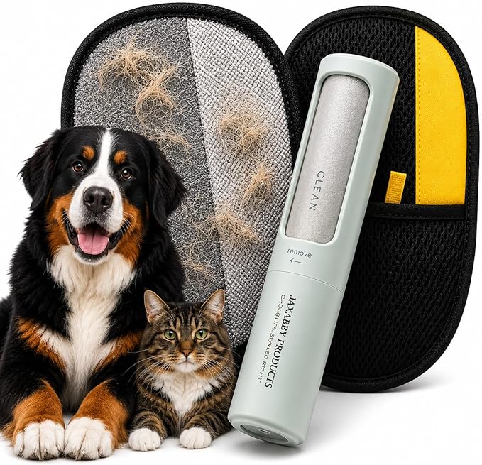 Jaxabby Products Reusable Pet Hair Cleanup Kit – 3-Piece Fabric Hair Remover Set for Clothes, Furniture & Car Interiors – Washable Reusable Lint Roller Alternative (Pastel Blue)