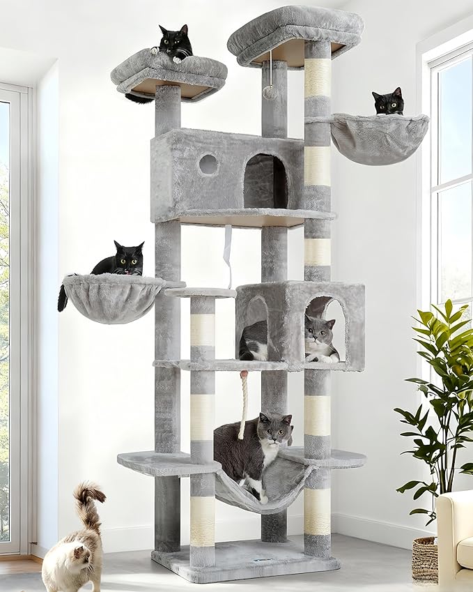 Gitelsnour Tall Cat Tree, Large Cat Tower for Adult Cats, 80.7'' (205cm) Heavy-Duty Cat Tree House for Indoor Cats 20 lbs+ with Scratching Posts, 2 Top Perches/Condos, Hammcok, Light Gray GCT034W
