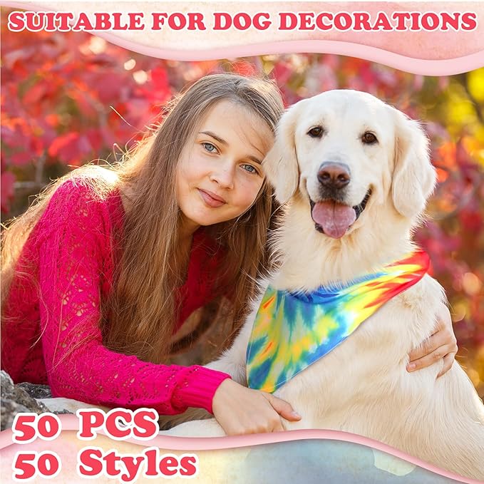 Huhumy 50 Pcs Tie Dye Dog Bandanas Bulk Tie Dye XL Pet Bibs Colorful Triangle Scarf Pet Bandanas for Medium Large Dogs Holiday Summer Hawaiian Birthday Costume Decor
