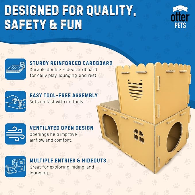 OtterPets Cardboard Cat House with 2-Level Play Design, Two Scratch Pads, Plush Mouse Toy & Soft Fleece Mat, Cat Scratcher House