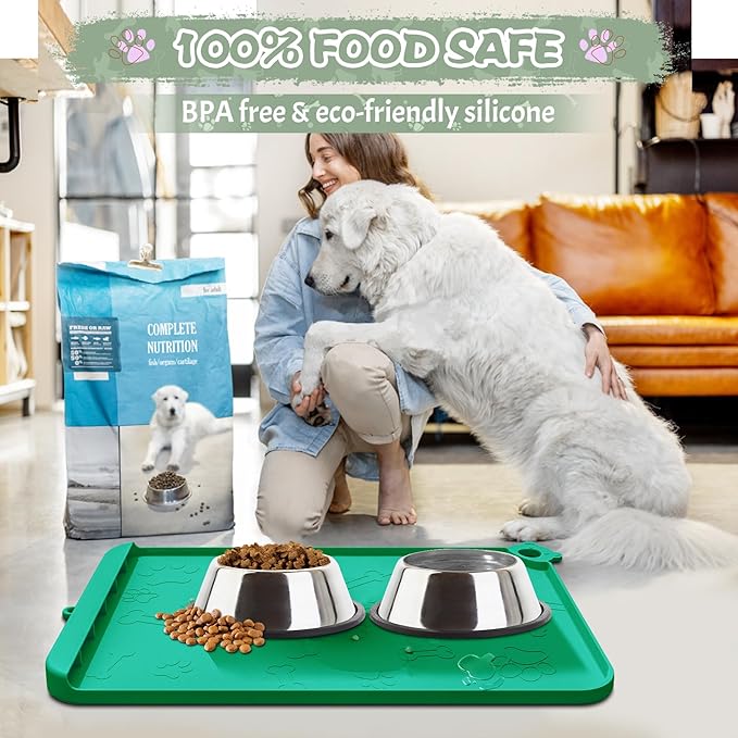 Dog Food Mat, Silicone Dog Mat for Food and Water -Pet Feeding Mats with Residue Collection Pocket, Waterproof Dog Cat Bowl Mats with Raised Edges and Hooks, Placemats for Cats and Dogs Water Bowl