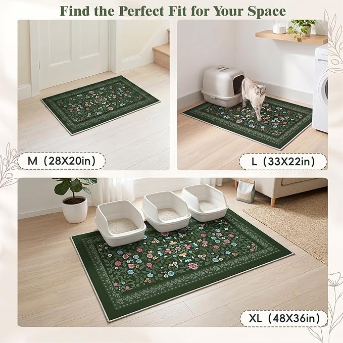Bienbee Cat Litter Mat, 2PCS Jumbo Size 48"x36" Machine Washable Litters Box Mats Non-Slip &Waterproof Cat Litters Trapping Mats Easy to Clean Mat for Litter Box Protects Floors Dark Green XL