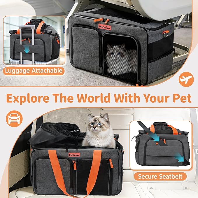 Cat Pet Dog Carrier Soft Sided Airline Approved, Large Foldable Travel Cat Bag for Kittens & Puppies Up to 15 Lbs, Top Loading Mesh, Expandable Breathable Comfort for Transport Scenarios