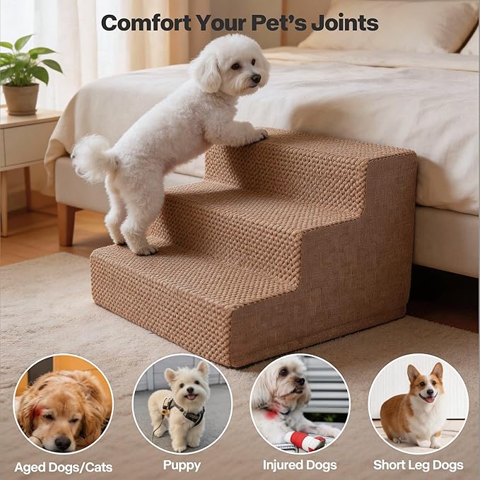 3 Step Dog Stairs for Small Dogs Cats, Brown Mesh Pet Steps, Non-Slip Pet Stairs for Couch Sofa Bed, Indoor Portable Dog Ramp with Zipper Bottom for Medium Large Dogs and Puppy