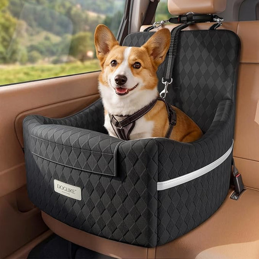 Doglike Dog Car Seat for Small Dogs [2026 Ultimate Comfort & Safety], 5" Memory Foam Pet Booster Seats Up to 35 lbs with Detachable Washable Cover, Travel-Safe Car Bed with Puppy Safety Belt, Black