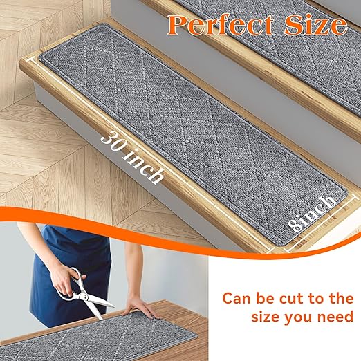 Stair Treads for Wooden Steps 10 PCS - 8’’ x 30’’, Non Slip Stair Runner, Machine Washable Stair Rugs Strips for Kids Pets and Elderly, Indoor Carpet for Stairs (Grey)
