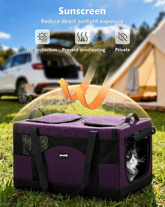 Pecute Dual Compartment Pet Carrier for Multi-Cat Families & Small Dog Owners, Collapsible Dog Crate with Reinforced Steel Frame, Car Safety Design for Travel, Vet Visits & Home Use, Purple