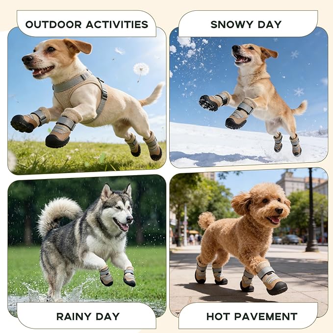 Dog Boots, Waterproof Dog Shoes with Reflective Straps, Rugged Anti-Slip Sole Paw Protectors for Medium Large Dogs, Breathable Pet Booties for Hot Pavement, Snow, Hiking, 4Pcs