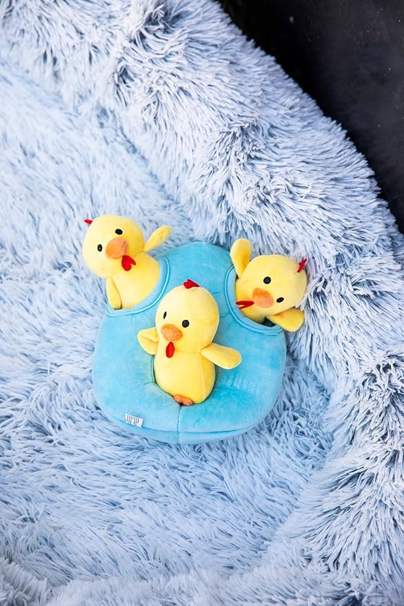 Glow Pups Chicken and Egg Hide and Seek Interactive Dog Toy with Squeaker, Promotes Mental Stimulation, 7 X 6 Inches (Egg and 3 Chickens, Blue and Yellow)