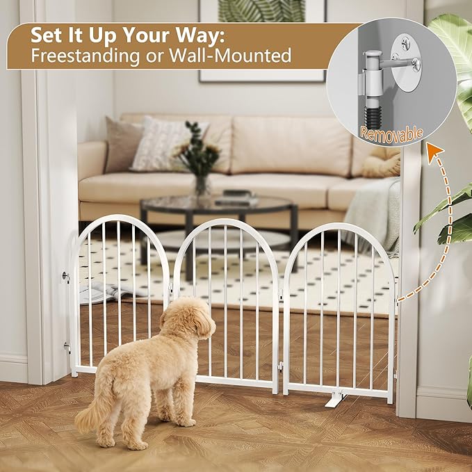 PUPETPO Full Metal Dog Gate with Door for Indoor Outdoor, 24" Tall Free Standing Pet Dog Fence, 72" Extra Wide Pet Gates for Stairs, Hallways, Doorways, Kitchen, Decks, Yards (White, 4 Panels)
