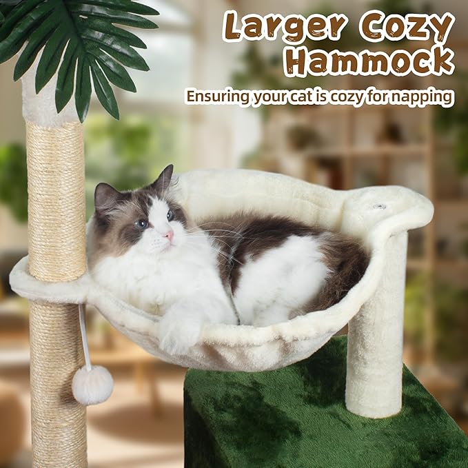 Fantasreen Cat Tree 38" Cat Tower with Large Hammock Metal, Cat Scratching Post for Indoor Cats with Condo, Cat Playground Track Balls and Bouncy Ball, Green and White