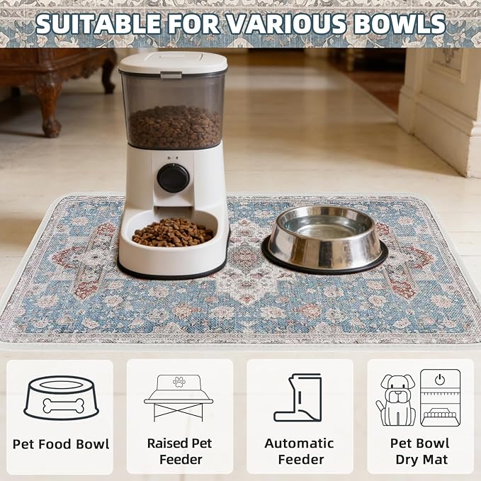 PUPTECK Dog Food Mat, Absorbent Pet Feeding Bowl Mat, Non-Slip Dog Mat for Food and Water, Quick Dry No Stains Cat Placemats Pet Supplies for Messy Drinkers, Blue 16"x24"