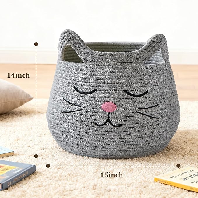 VK VK·LIVING Animal Baskets Large Woven Cotton Rope Storage with Cute Cat Design and Handles, Cat Toy Box Laundry Organizer for Towels, Blanket, Toys, Clothes, Gift for Pet or Baby Baskets 15"D x 14"H