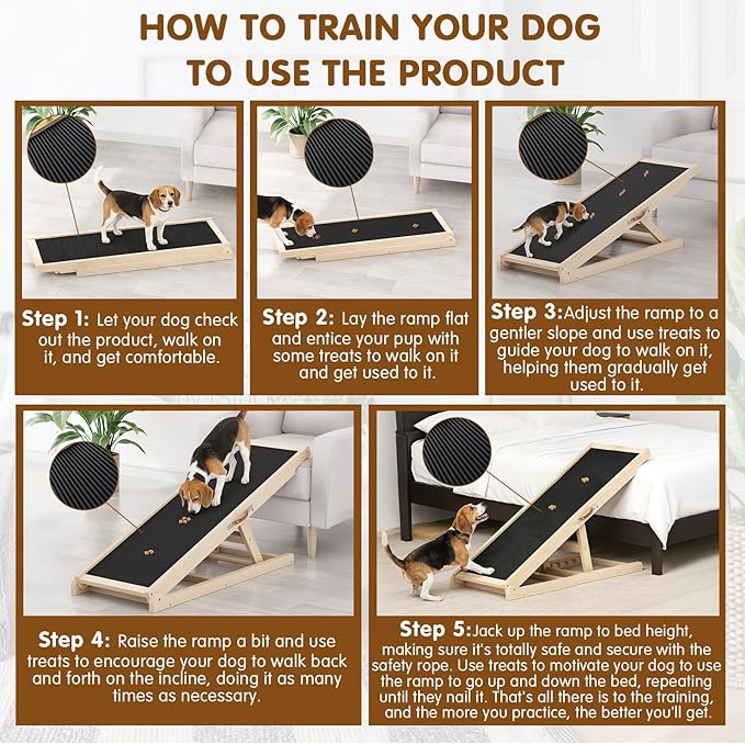 Dog Ramp for Couch, Adjustable Height from 18" to 23.6", Foldable Ramps for Pets to Get on Bed with Traction Rubber Mat, Wooden Portable Stairs for Small to Large Dogs