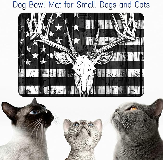 Dog Food Mat, 19.6" x 23.6" Absorbent Pet Feeding Mat for Food and Water, Waterproof Diatom Mud Pet Placemat with Non-Slip Rubber Backing, Cat Bowl Mat for Floors - Grey National Flag Deer