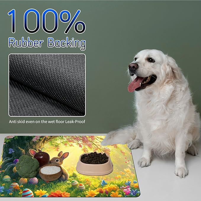 Dog Food Mat, 15.7" x 23.6" Absorbent Pet Feeding Mat for Food and Water, Waterproof Diatom Mud Pet Placemat with Non-Slip Rubber Backing, Easy Clean Cat Bowl Mat for Floors - Forest Rabbit