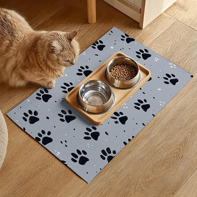 HOMETITUTE 24x16 inch Non Slip Pet Food Mat Cat Bowl Placemat for Food and Water Small Dog Bowl Mats Cat Food Mat Easy to Clean Feeding Mat for Small Pets Paw Print Design