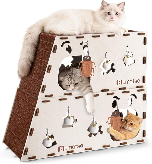 2-Story Felt Cat Bed Cave for Indoor Cats, Modular Tunnel Hideaway House for Large Cats Up to 22LB, Cozy Washable Felt Cat Condo for Sleeping, Playing & Hiding, Cream