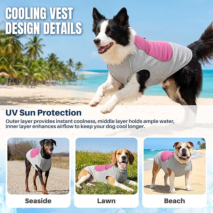SlowTon Dog Cooling Vest - with Ice Pack Pocket, 3-Layer Evaporative Cooling Jacket with Reflective Stripes, Lightweight Breathable Summer Pet Clothes for Small, Medium and Large Dogs (Pink, 2XL)