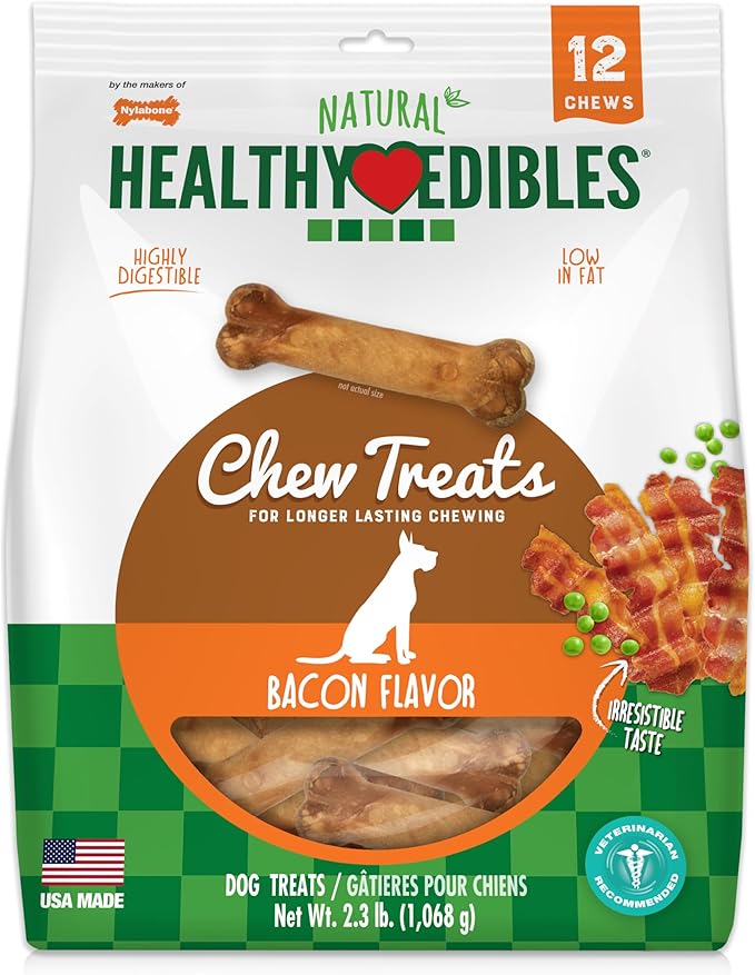 Nylabone Healthy Edibles Natural Dog Chews, Long Lasting Bones for Dogs, Bacon Flavor Dog Treats, Medium (12 Count)